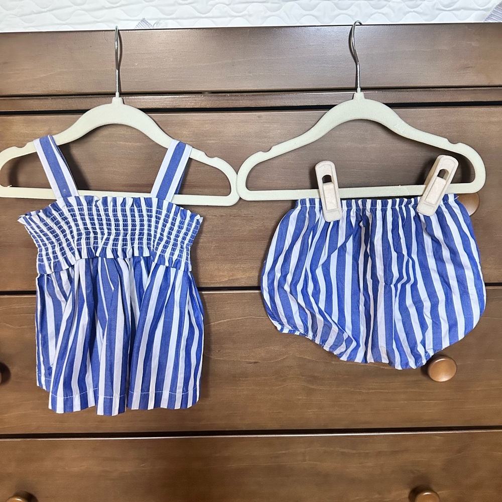 Ralph Lauren Navy and White Striped Dress and Bloomers Baby Infant Set